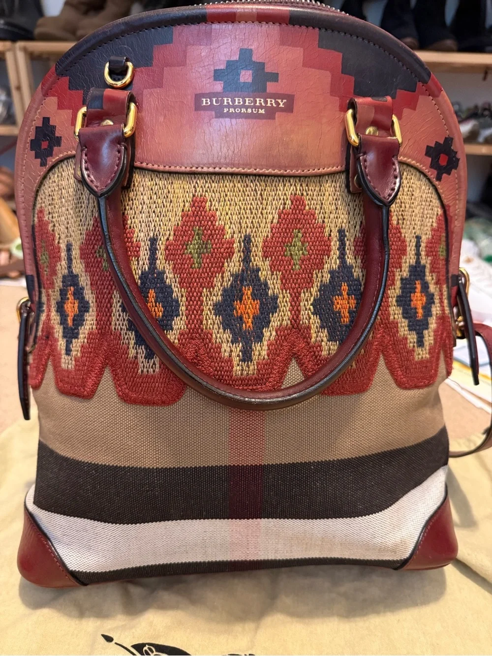 Burberry Red Patterned Canvas & Leather Top-Handle Bag